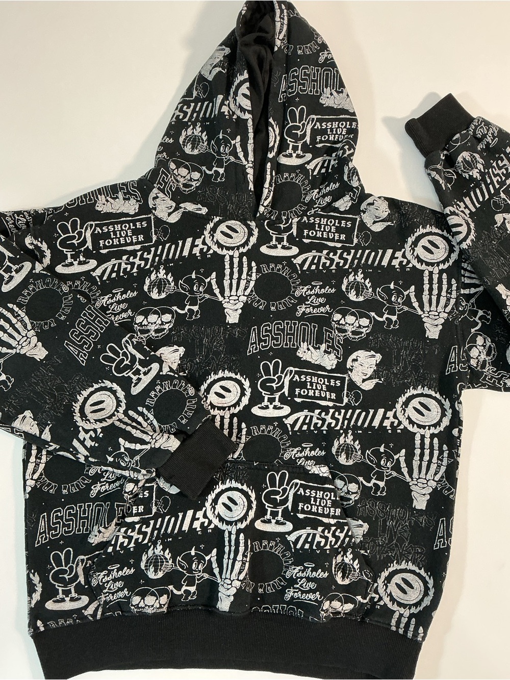 Assholes Live Forever All Over Print Rare Graphic Hoodie Black Size M